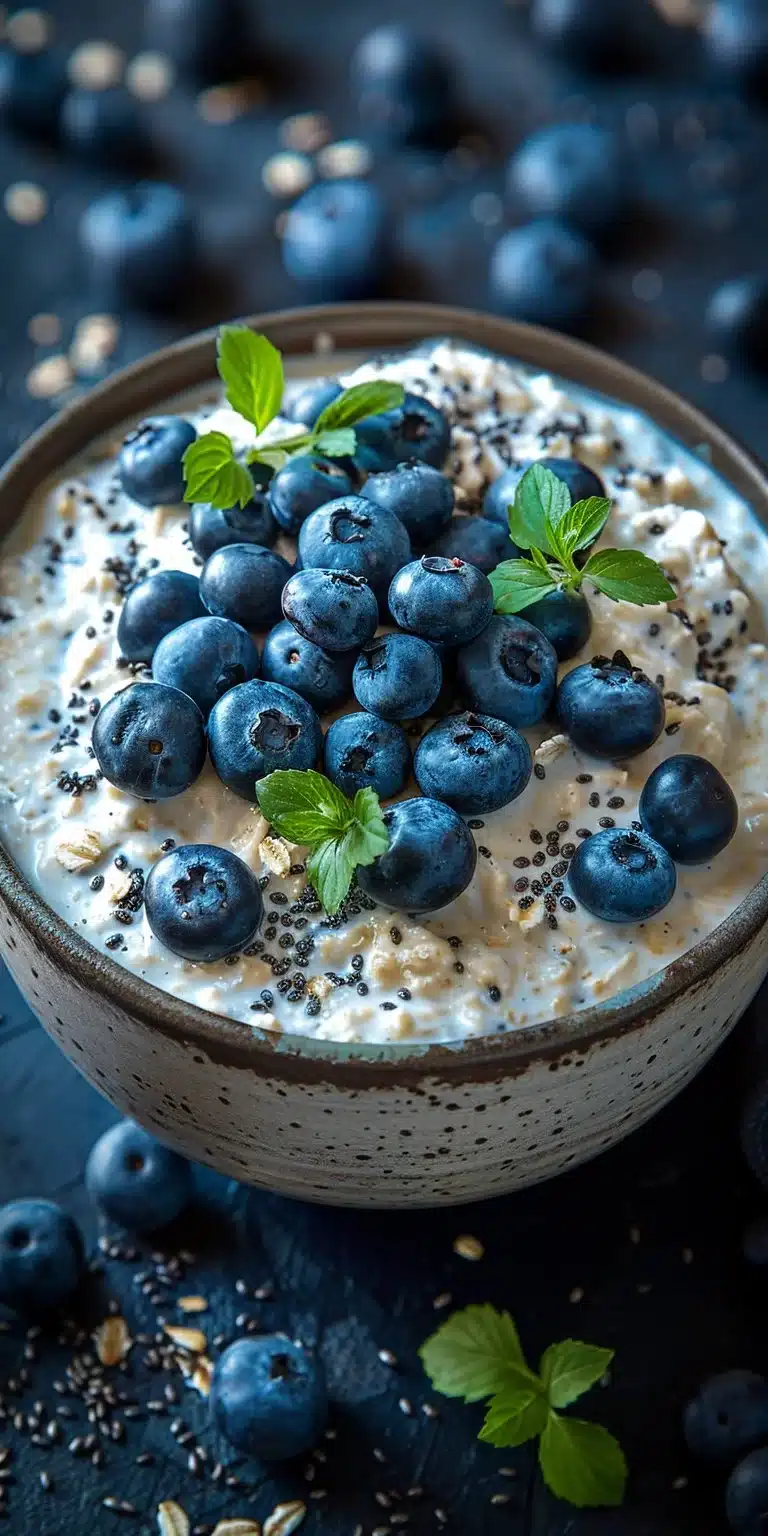 Delicious blueberry overnight oats with cottage cheese topped with fresh blueberries.