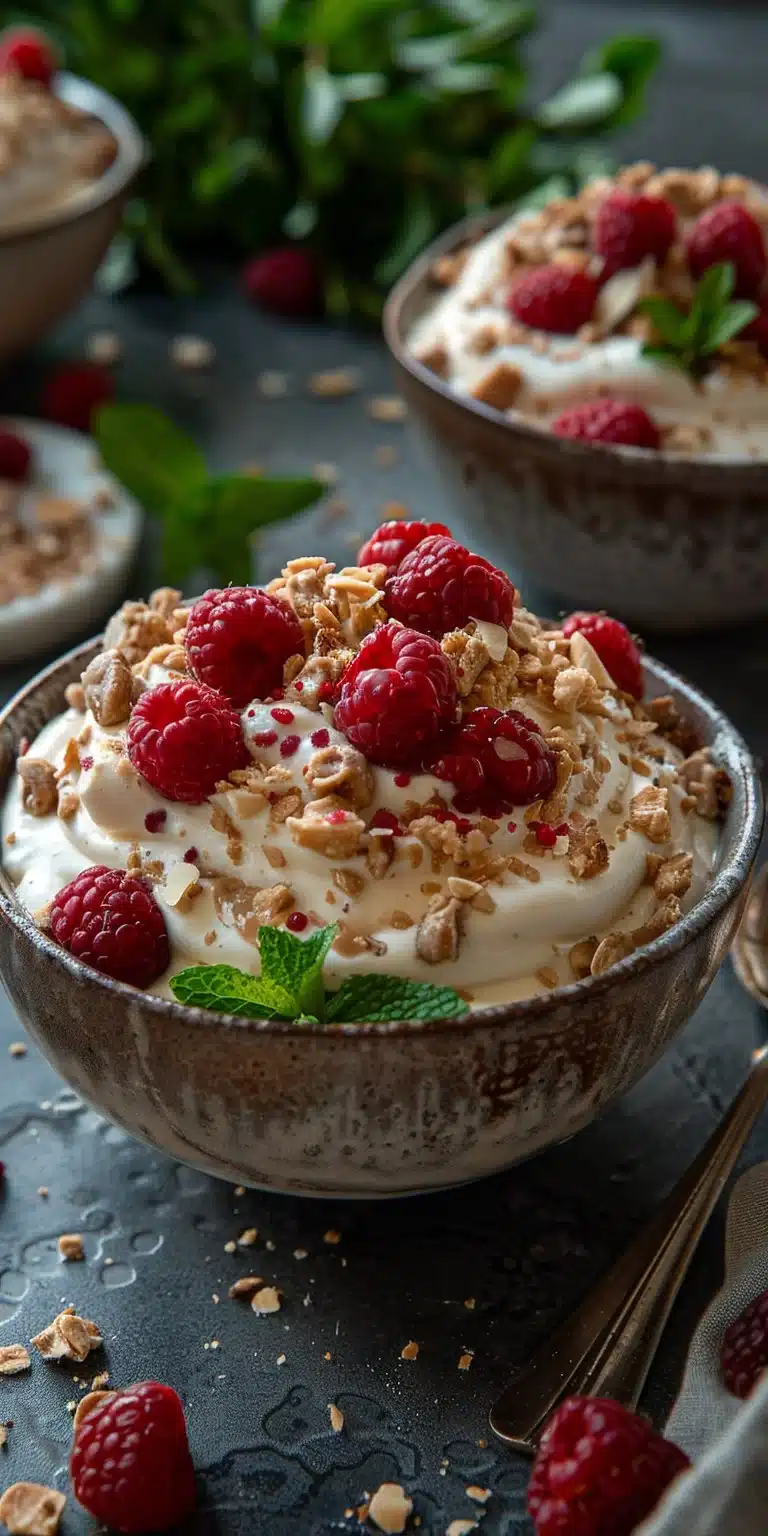 Delicious peanut butter yogurt bowl topped with fruits and nuts