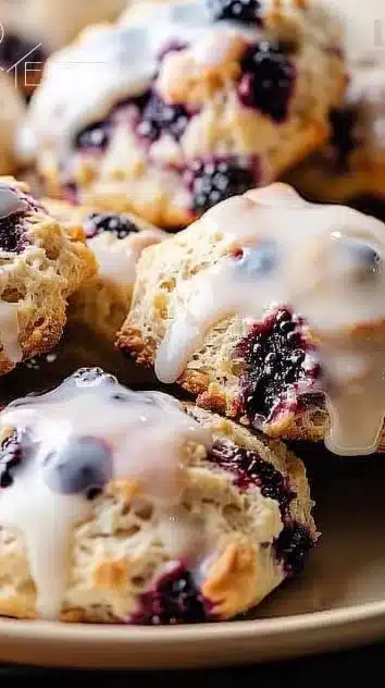 Earl Grey Blackberry Scones drizzled with lemon glaze on a plate