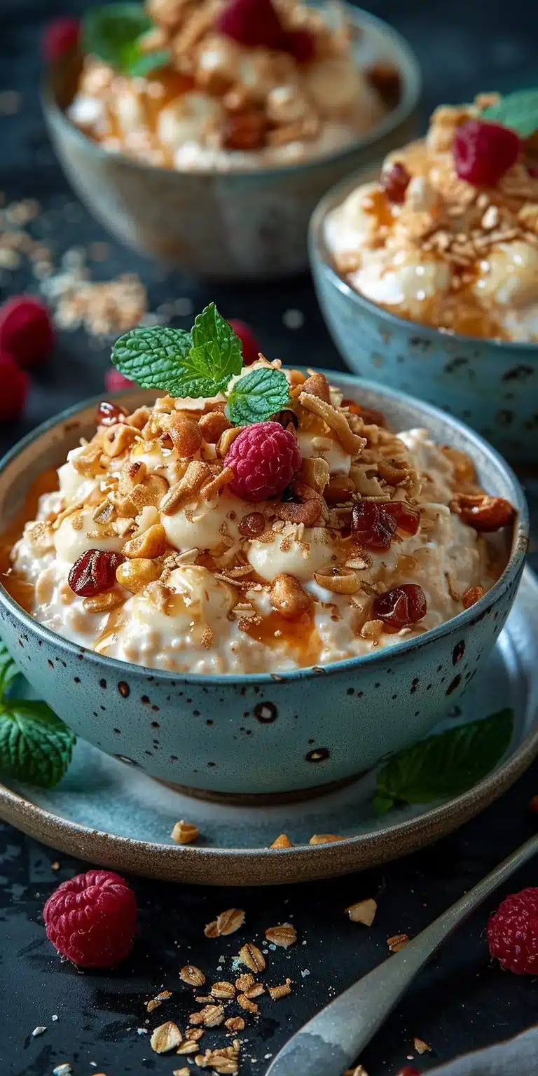 Bowl of high-protein pumpkin overnight oats topped with nuts and spices