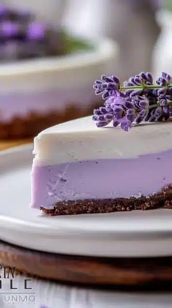 Slice of easy honey lavender cheesecake drizzled with honey and garnished with lavender sprigs.