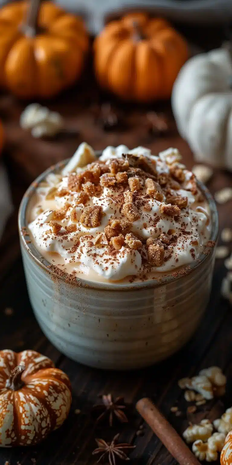 Easy pumpkin pie yogurt bowl topped with granola and spices.