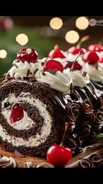 Elegant Black Forest Cake Roll with chocolate and cherry layers, a perfect dessert treat.