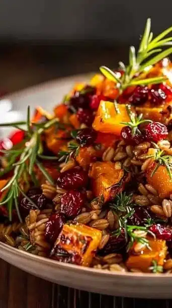 Festive farro salad featuring roasted squash and cranberries in a bowl