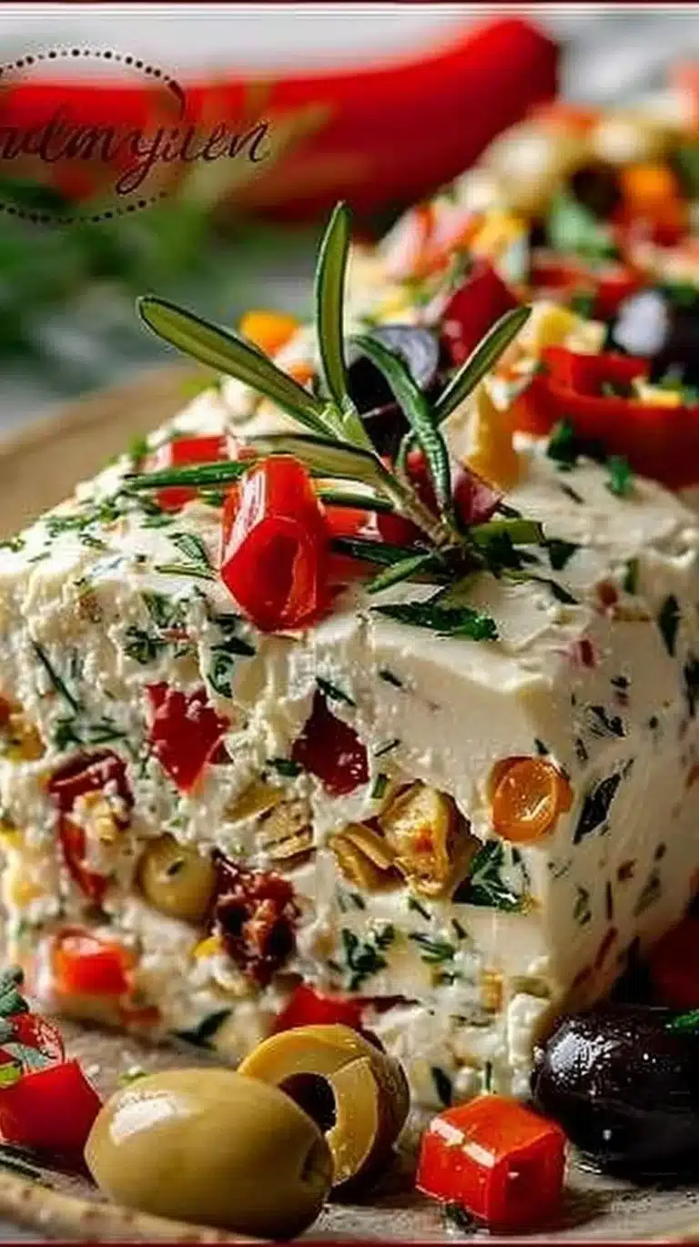 Festive holiday antipasto cream cheese log decorated with herbs and olives