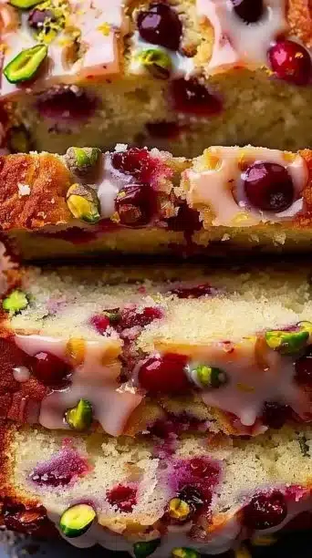 Sliced festive Pistachio Cranberry Loaf garnished with nuts and cranberries