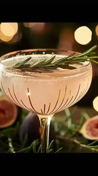 Fig Rosemary French 75 cocktail garnished with rosemary and figs in a glass