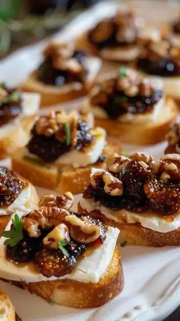 Fig and Brie Crostini topped with fresh figs, creamy brie cheese, and herbs