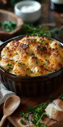 Fluffy cottage cheese casserole topped with turkey sausage and veggies