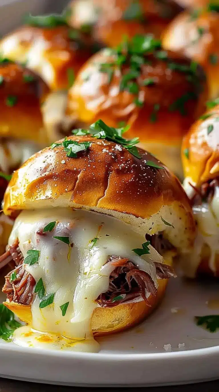 Delicious French Dip Sliders served with flavorful dipping sauce
