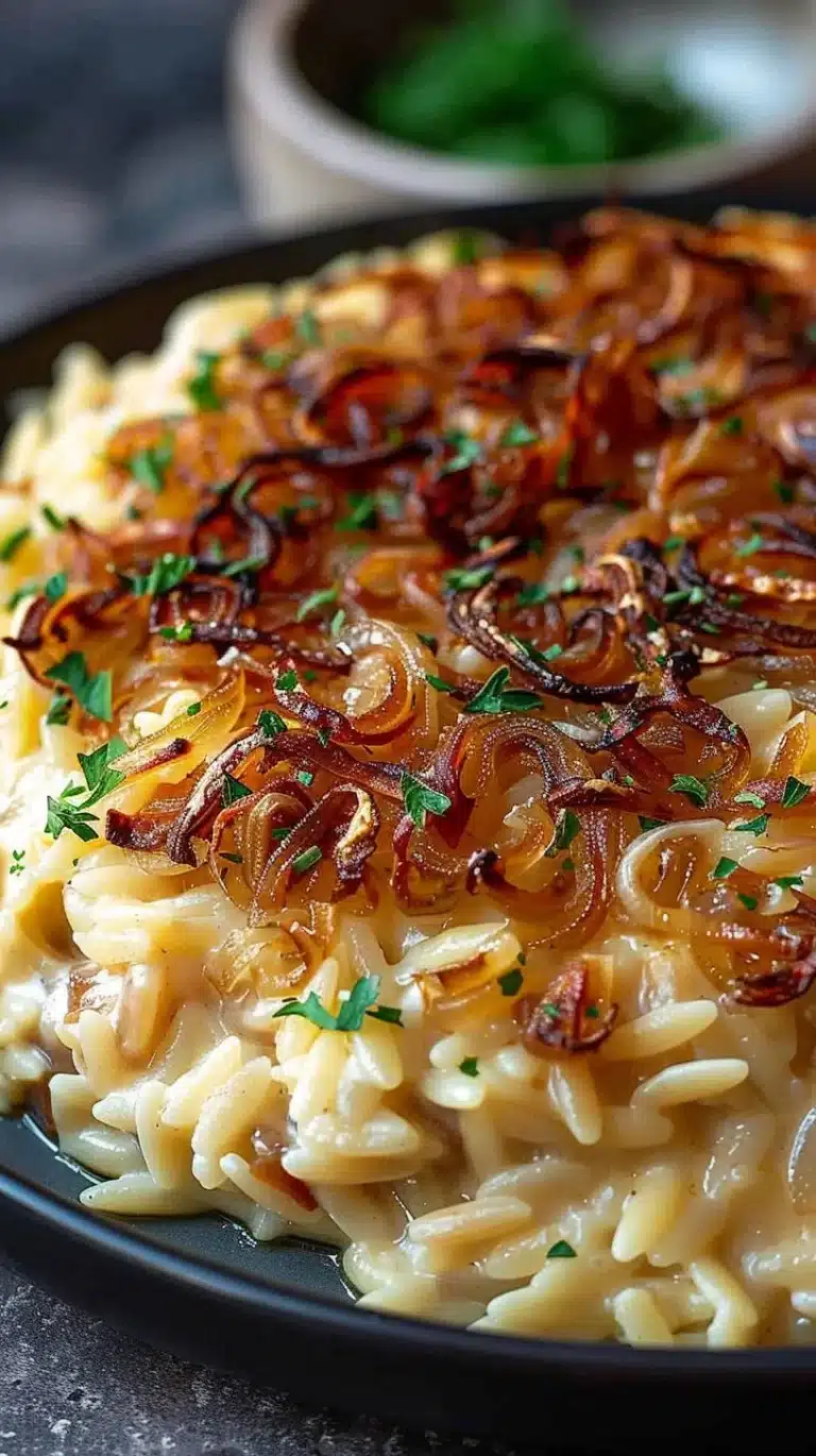 Baked French onion chicken orzo casserole with melted cheese topping