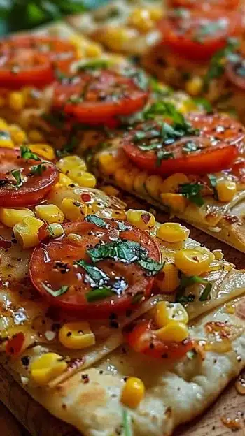 Fresh tomato corn flatbread drizzled with chili honey, an appetizing dish