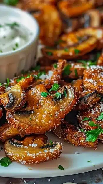 Plate of crispy fried sliced mushrooms ranch garnished and ready to serve.