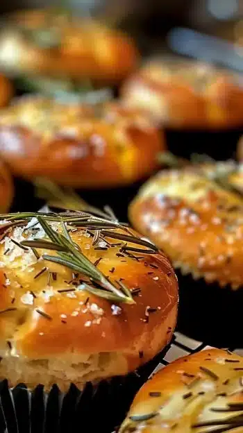 Garlic rosemary focaccia muffins baked to perfection on a wooden table