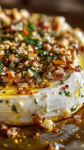 Goat cheese appetizer topped with fig jam and pecans on a rustic platter.