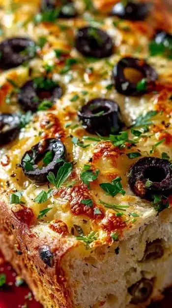 Delicious gooey olive cheese bread fresh out of the oven