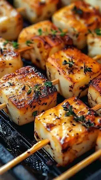 Delicious grilled halloumi skewers served at a summer barbecue