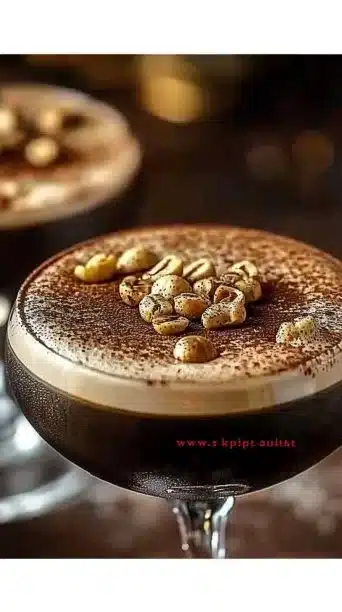 Delicious hazelnut espresso martini cocktail garnished with coffee beans.