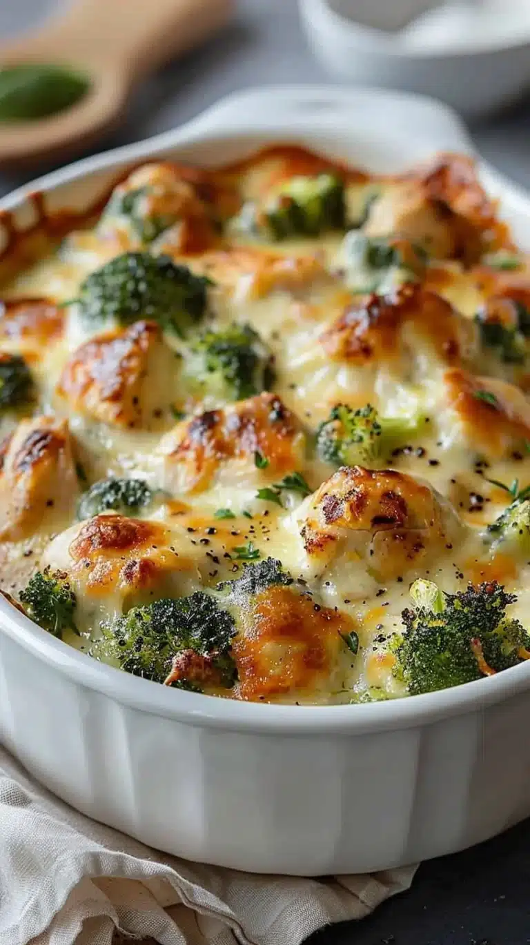 A delicious healthier broccoli chicken casserole dish prepared with fresh ingredients.