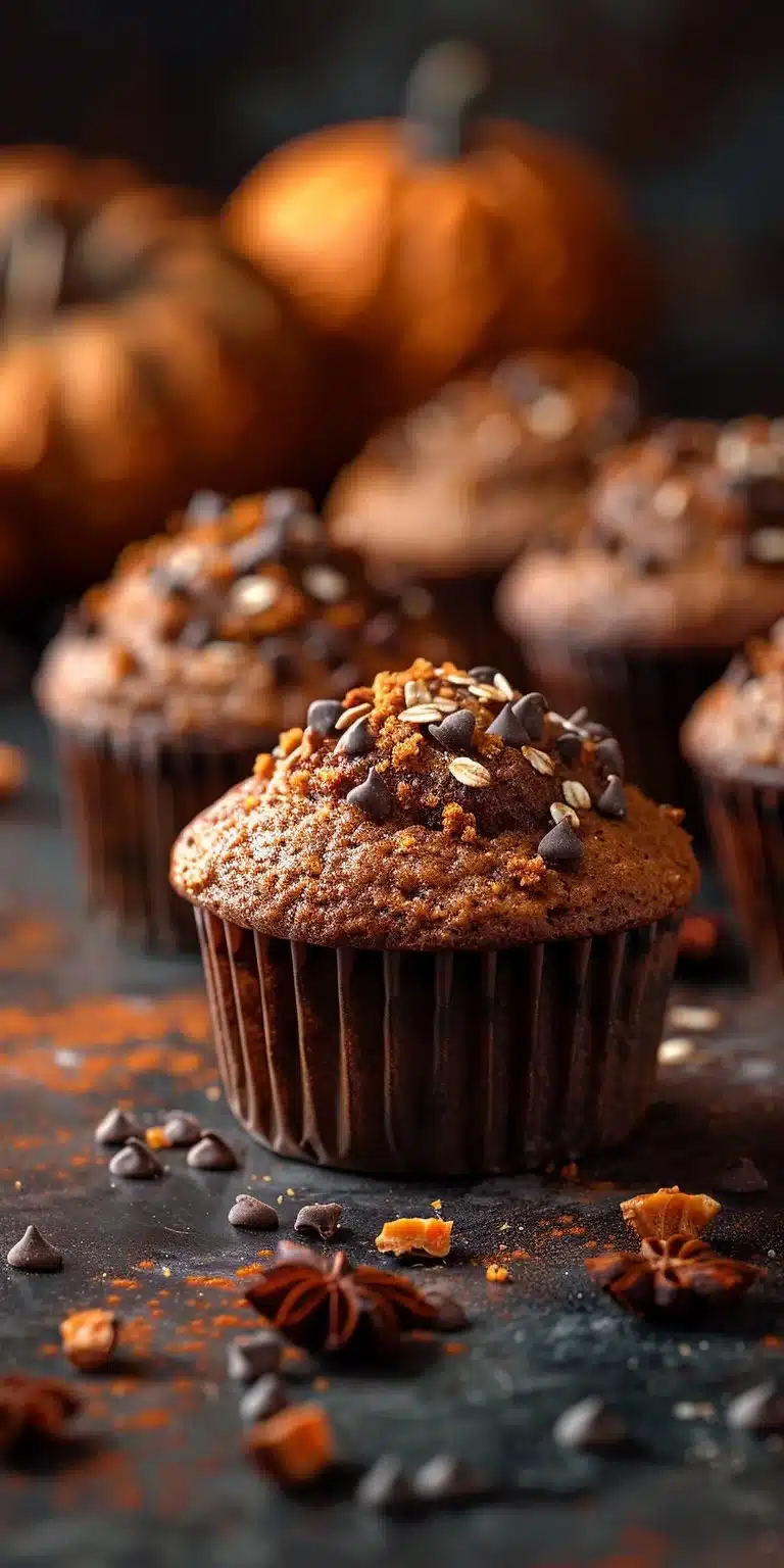 Healthy warm oat flour gingerbread pumpkin muffins freshly baked and served.