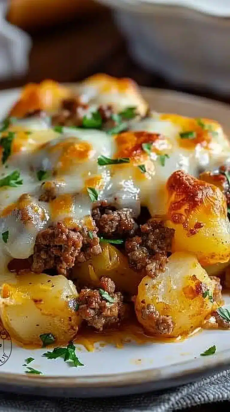 Delicious Hobo Casserole Ground Beef recipe with vegetables and cheese.