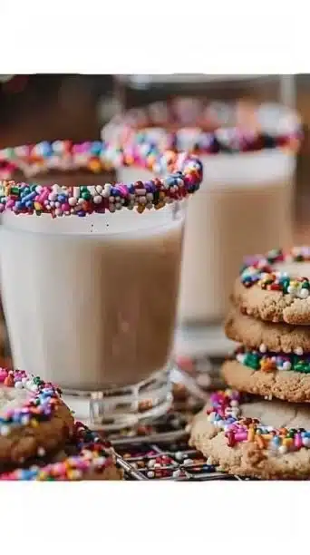 Holiday Cookie Dunking Milk with colorful sprinkle rims for festive treats