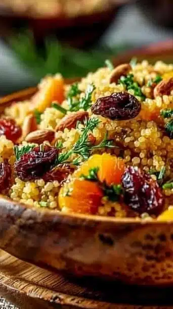 Holiday Couscous Salad with dried fruits and pine nuts served in a festive bowl