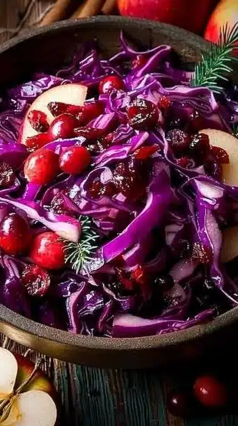 Holiday Slaw with red cabbage, apples, and cranberries in a bowl