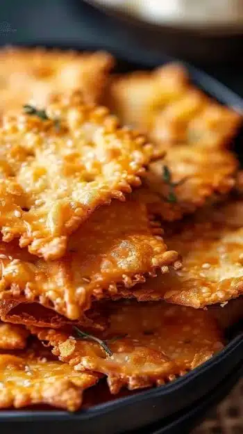 Homemade Parmesan Rosemary Crackers served on a wooden platter