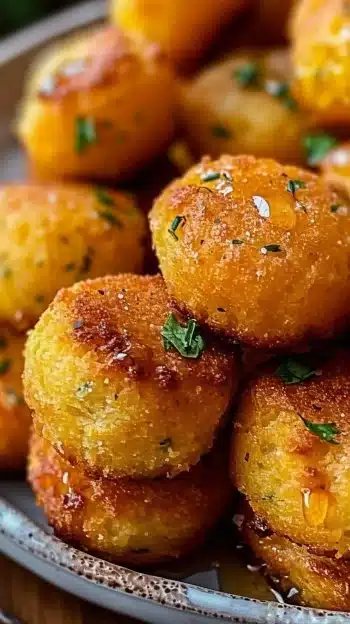Honey Butter Cornbread Poppers served on a plate with honey drizzle