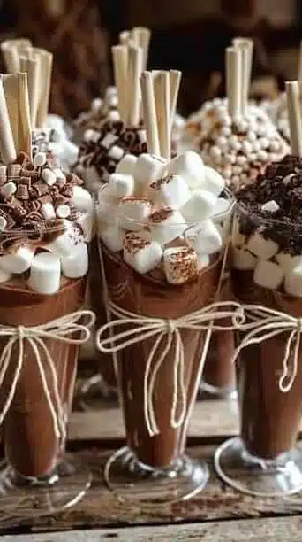 Hot cocoa cones with mini marshmallows and stir sticks for a cozy drink.