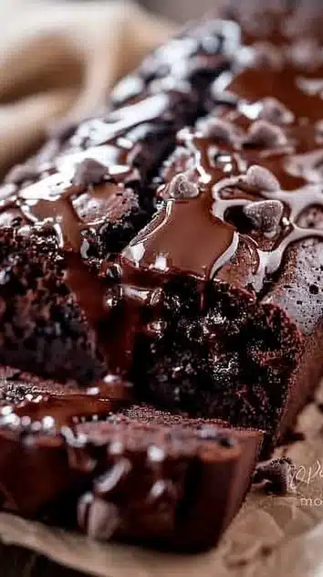 Hot fudge brownie bread topped with warm chocolate sauce and ice cream