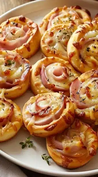 Delicious hot ham and cheese pinwheels on a platter, ready to serve.