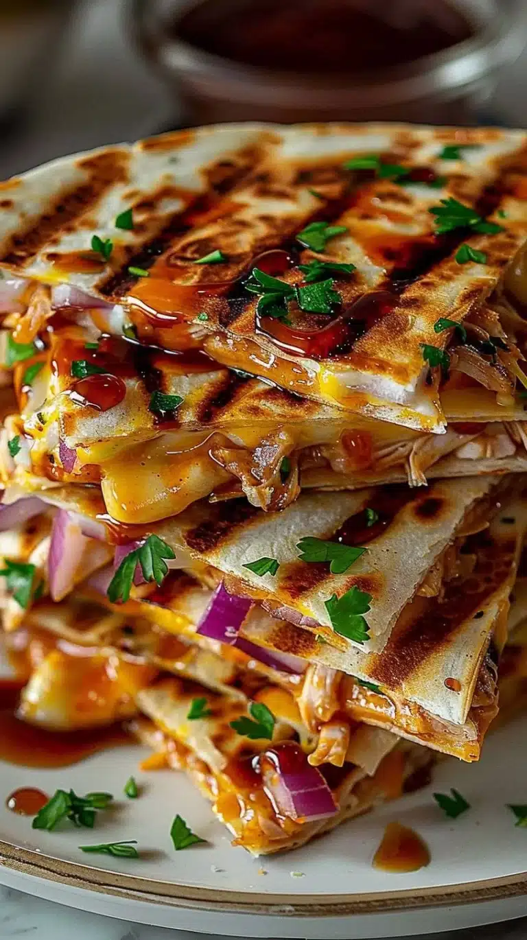 Delicious Hot Honey BBQ Chicken Quesadillas with melted cheese and vibrant toppings