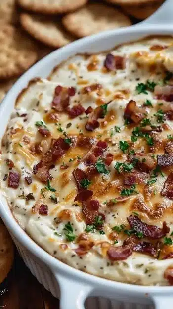 Delicious Hot Smoked Gouda Beef Bacon Dip served with chips