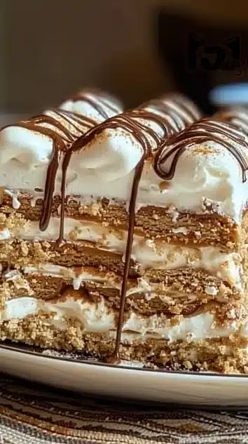 Iced coffee icebox cake topped with chocolate and coffee beans.