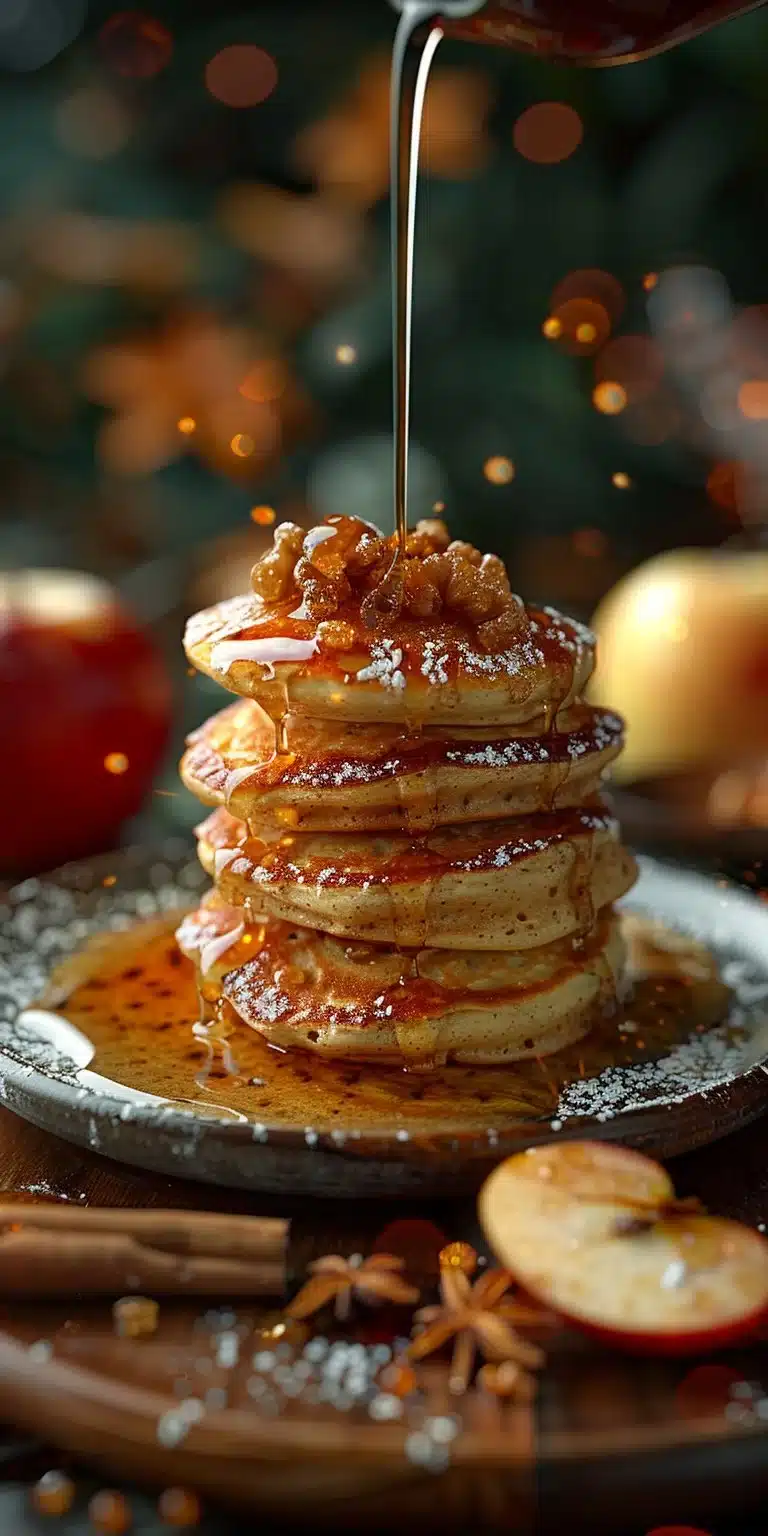 Fluffy apple cinnamon pancakes topped with fresh apples and cinnamon