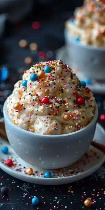 Delicious birthday cake overnight oats served in a bowl with sprinkles