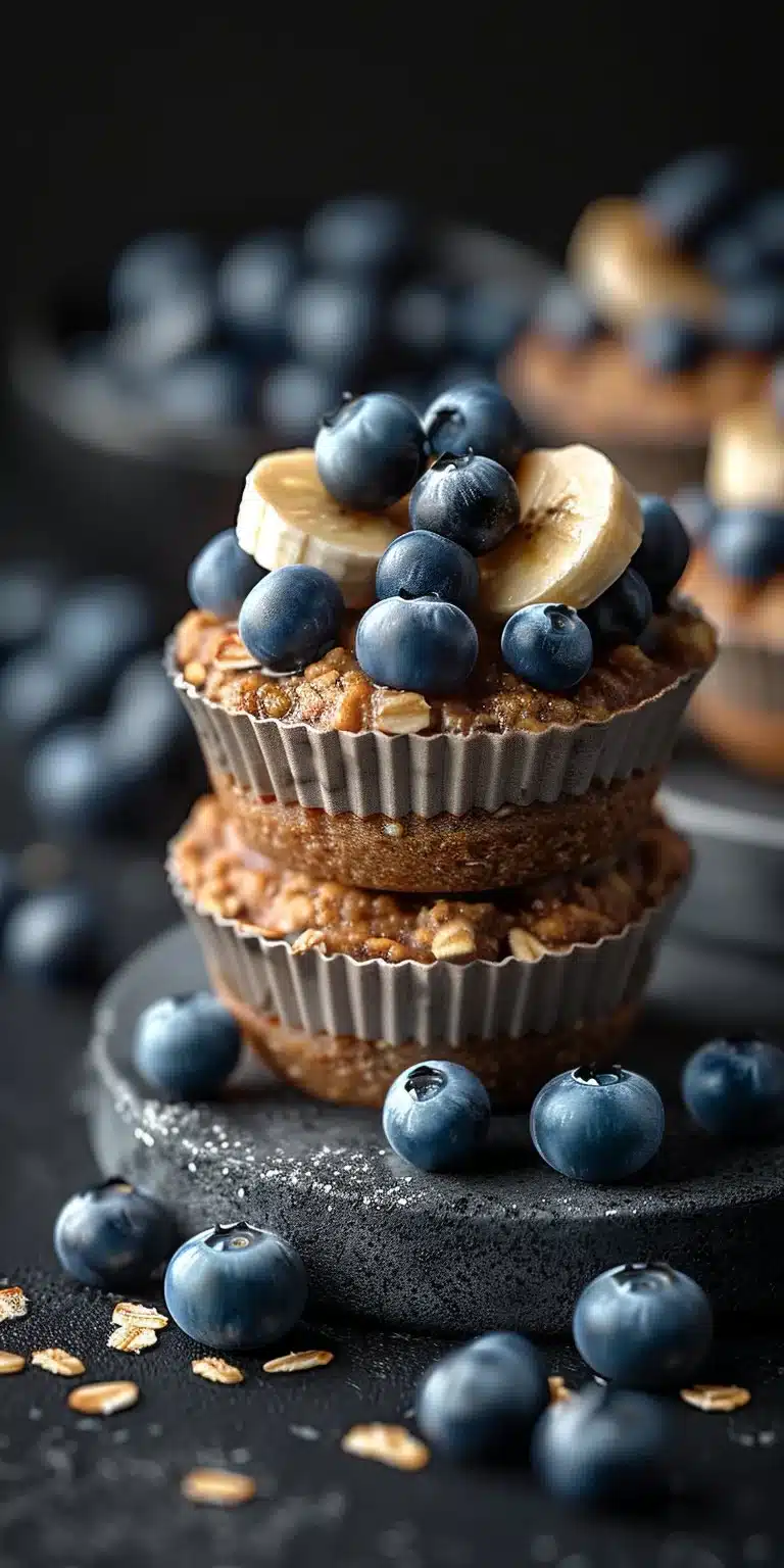 Delicious blueberry banana baked oatmeal cups served in a rustic dish