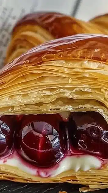 Freshly baked Cherry Cheese Danish with cream cheese filling and cherry topping.