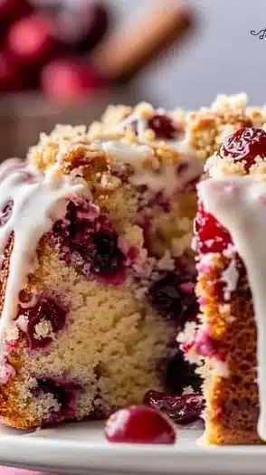 Irresistible Cranberry Bliss Coffee Cake topped with cranberries and icing