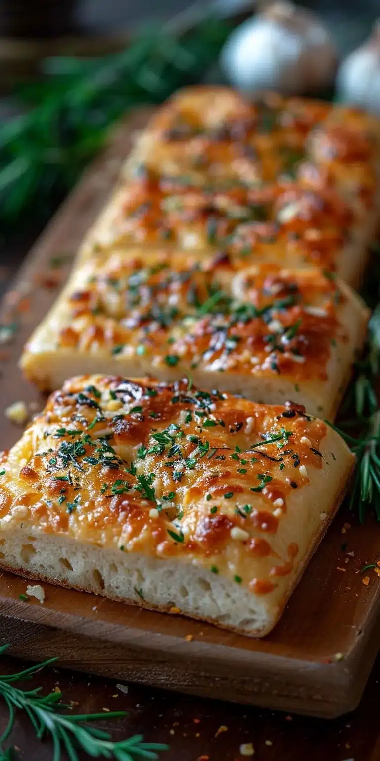 Freshly baked garlic parmesan focaccia bread with herbs and cheese