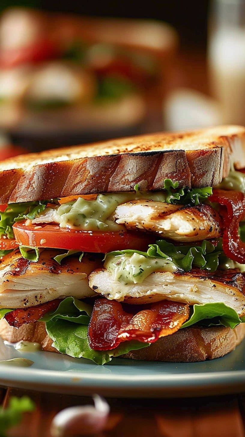 Ultimate Loaded Chicken Club Sandwich With Crispy Beef Bacon And Avocado Ranch Spread