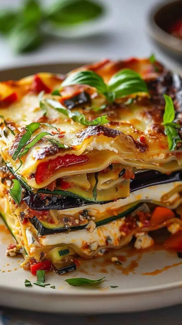 Layered Mediterranean Vegetable Lasagna with creamy ricotta cheese