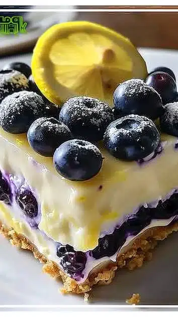 Delicious lemon blueberry dessert ready to serve.