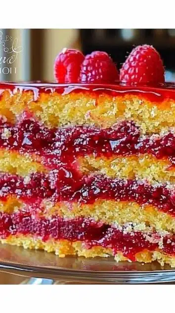 Lemon Curd Cake with Raspberry Drizzle on a white plate