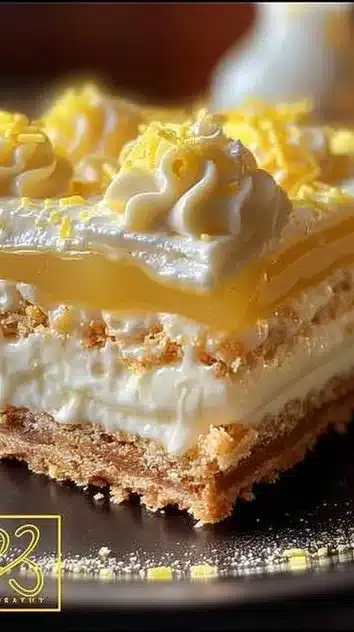 Delicious no-bake lemon éclair cake topped with whipped cream and lemon zest.