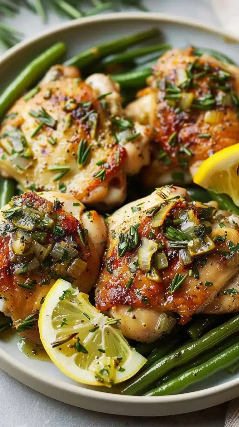 Delicious lemon garlic butter thighs with green beans in a skillet.