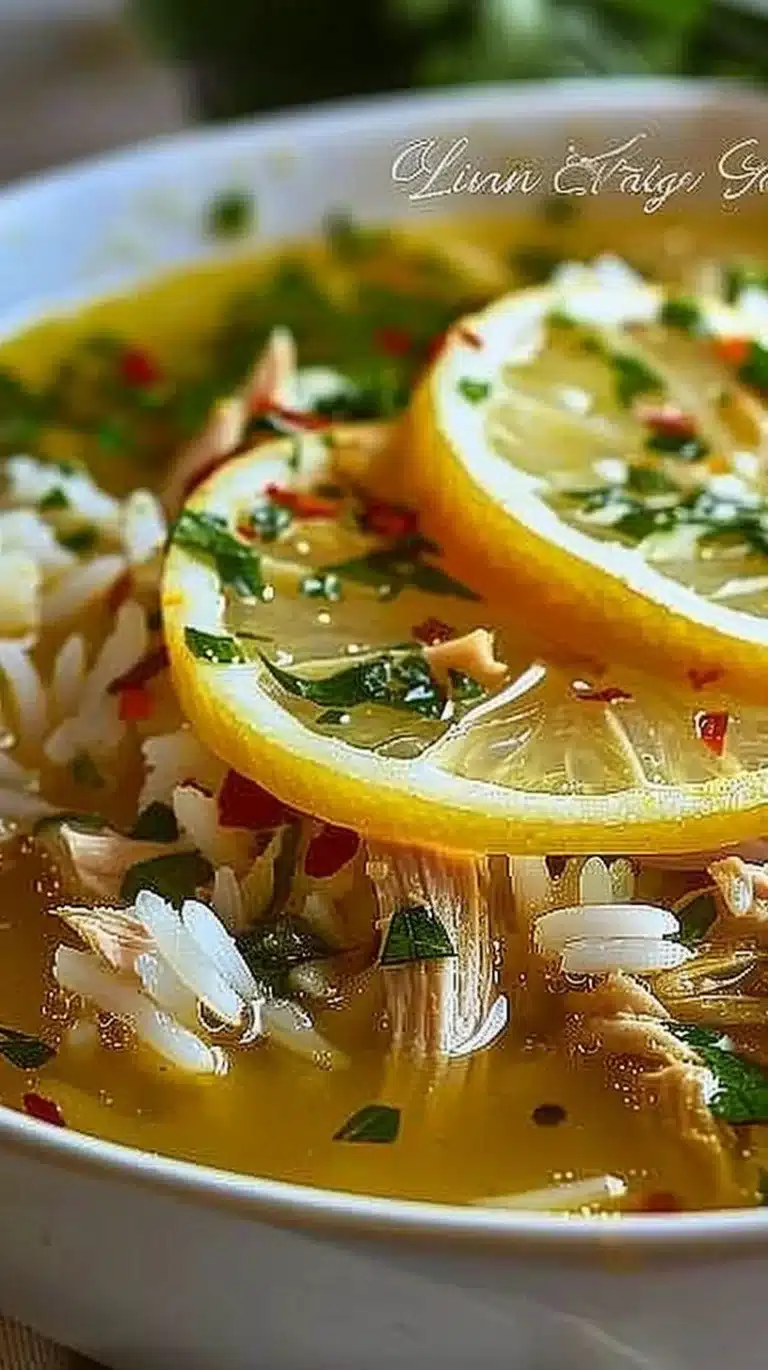 Bowl of lemon ginger turmeric chicken and rice soup garnished with herbs.