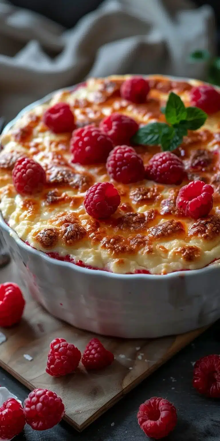 Lemon Raspberry Cottage Cheese Bake served in a dish